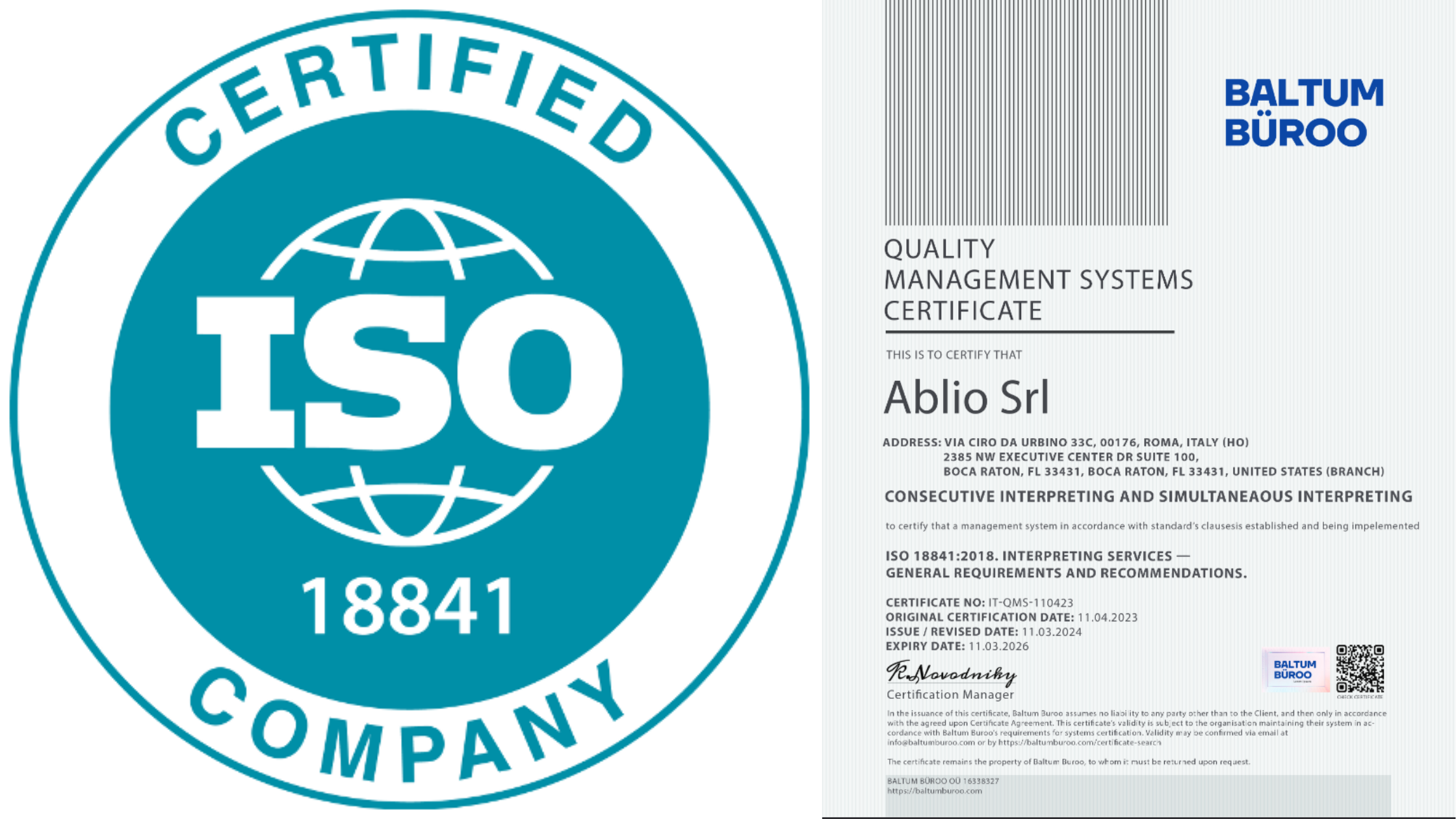 Ablio ottiene la certificazione di qualità ISO 18841:2018